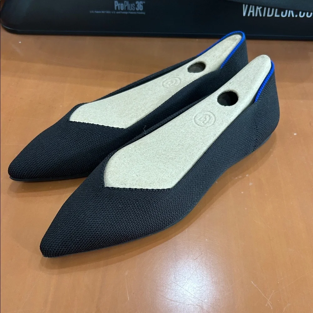 Rothy's Black Pointed Knit Flats with Blue Trim